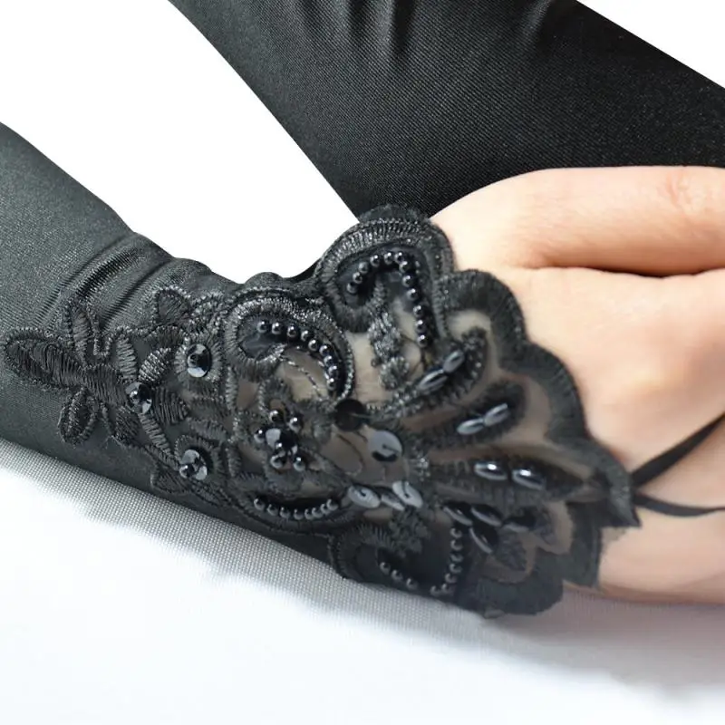 Guantes sin dedos Vintage para fiesta de graduación, pieza de flores bordadas con cuentas, gancho de satén satinado de 48cm de longitud, a la moda,