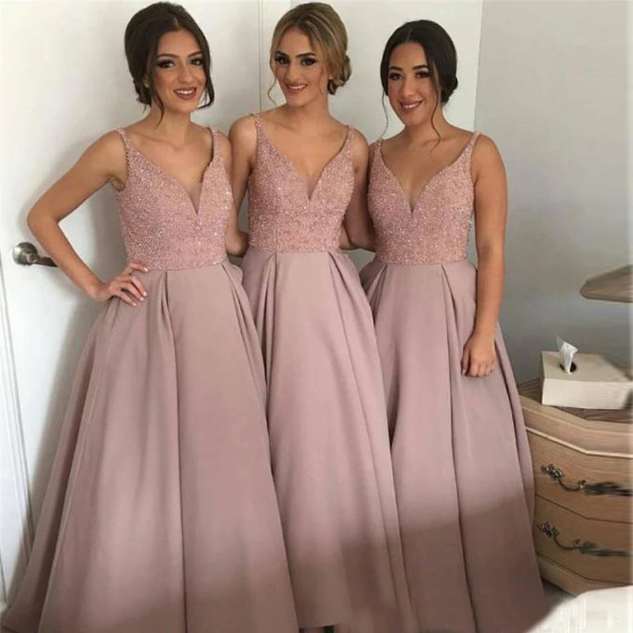 

V-neck Sleeveless High-Low Heavy Beaded Sparkling Blush Junior Country Bridesmaid Dresses Long Satin A-line Maid Of Honor Dress