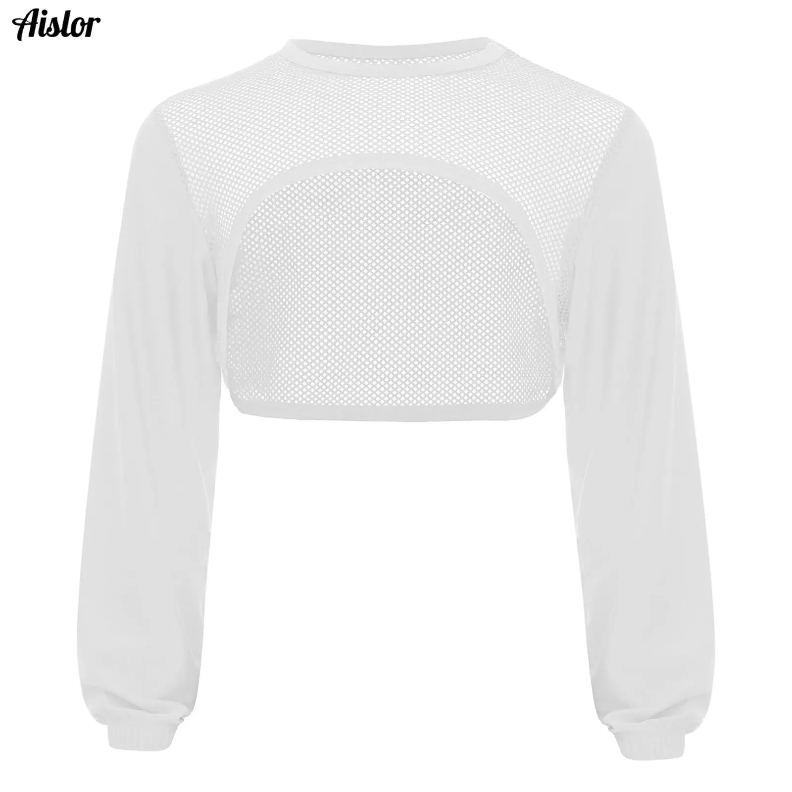 

Kids Girls Crop Top Tracksuit For Children Summer Sheer Mesh Long Sleeve Hollow Out Mini T Shirts for Carnival Musical Festival