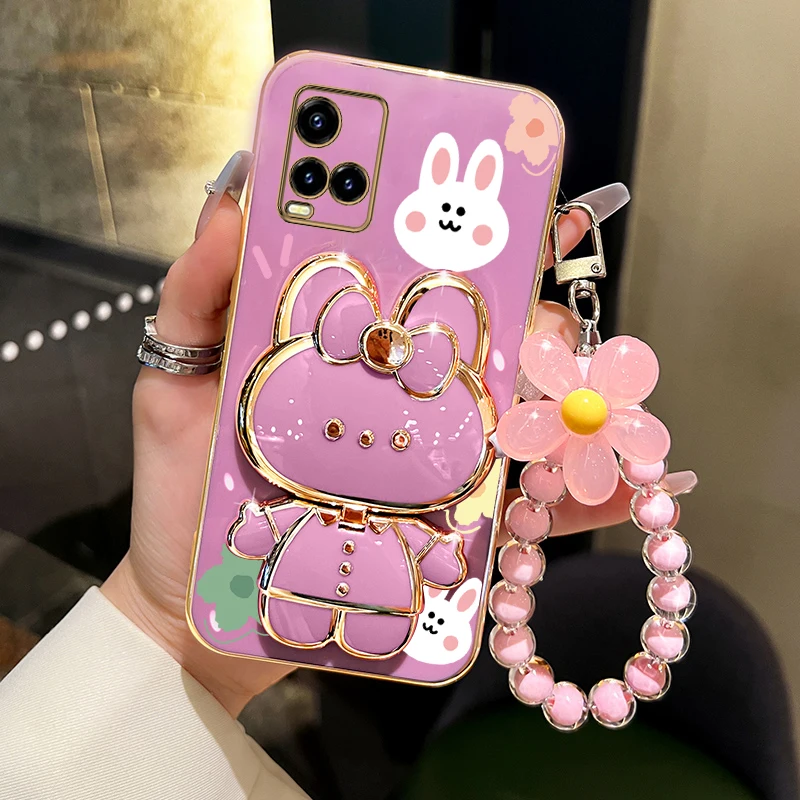 Y 32 33s 21s Flower Strap Makeup Mirror Cute Rabbit Phone Holder Case For Vivo Y33s 4G Y32 Y21 2021 Y21s Girl Woman Used Cover