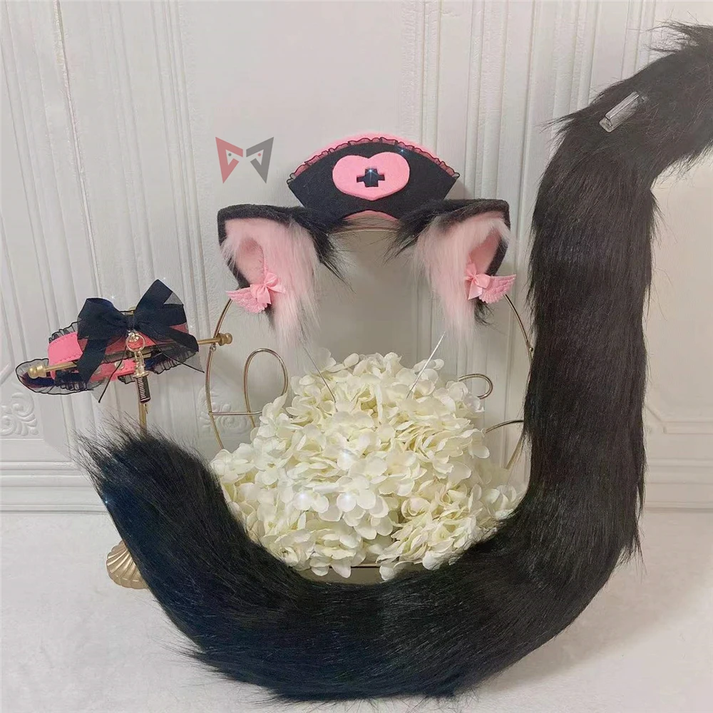 

New Black Nurse Cosplay Cat Fox Neko Ears HairhoopTail Angel Style Hat For Halloween Christmas Game Party Sotume Accessories