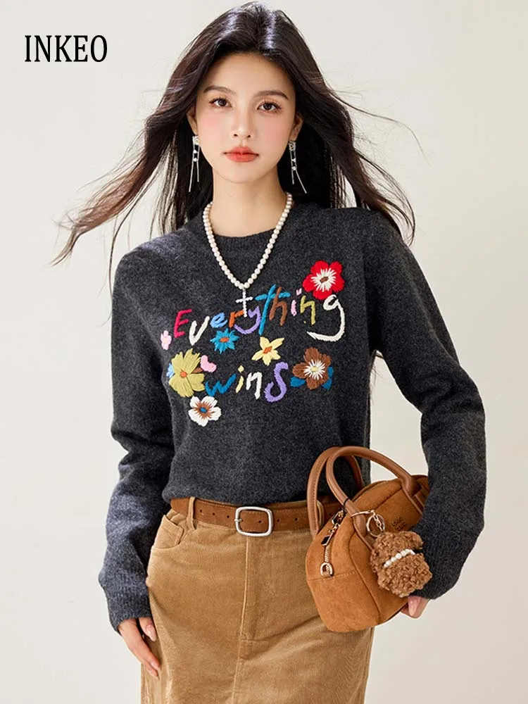 

Уличная одежда, трикотаж с цветочной вышивкой, женский свободный осенний вязаный свитер с круглым вырезом и длинными рукавами 2025, модный серый INKEO 5O091