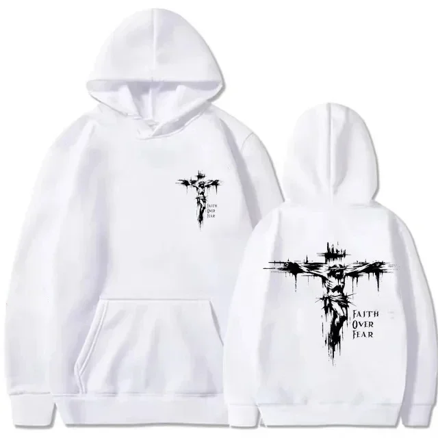 New men's hooded sweater with religious cross pattern print, pullover style fall coat, suitable for both men and women