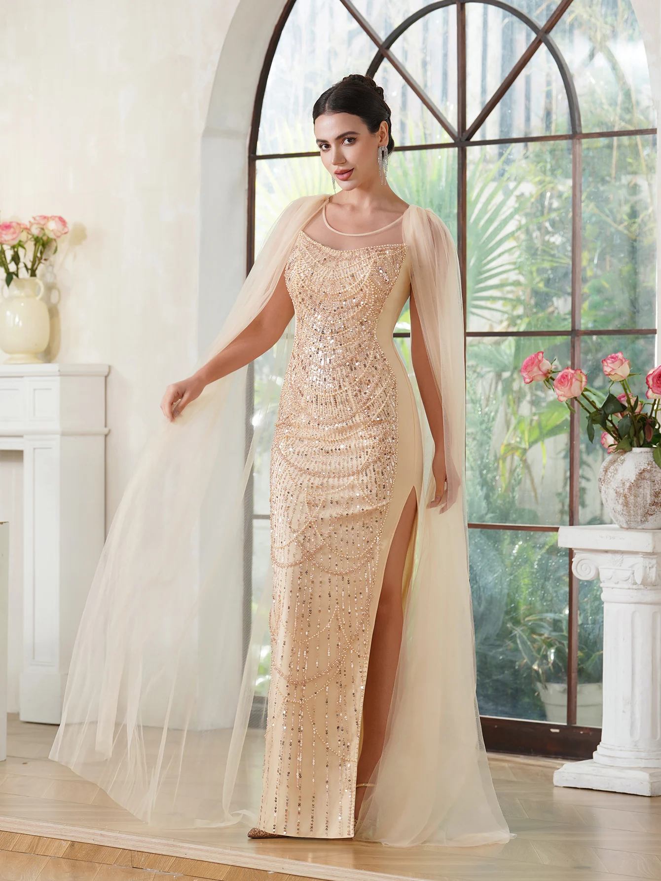 New Luxury Champagne Beading Evening Dress Sexy Side Split Celebrity Dress Decorative Chains Meimaid Dress فساتين سهرة