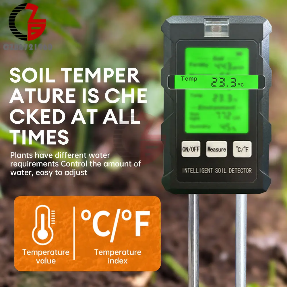 6 in 1 Soil PH Meter Soil Fertility Temperature Humidity Sunlight Air Plants Acidity Moisture Tester LCD Screen PH Test Monitor