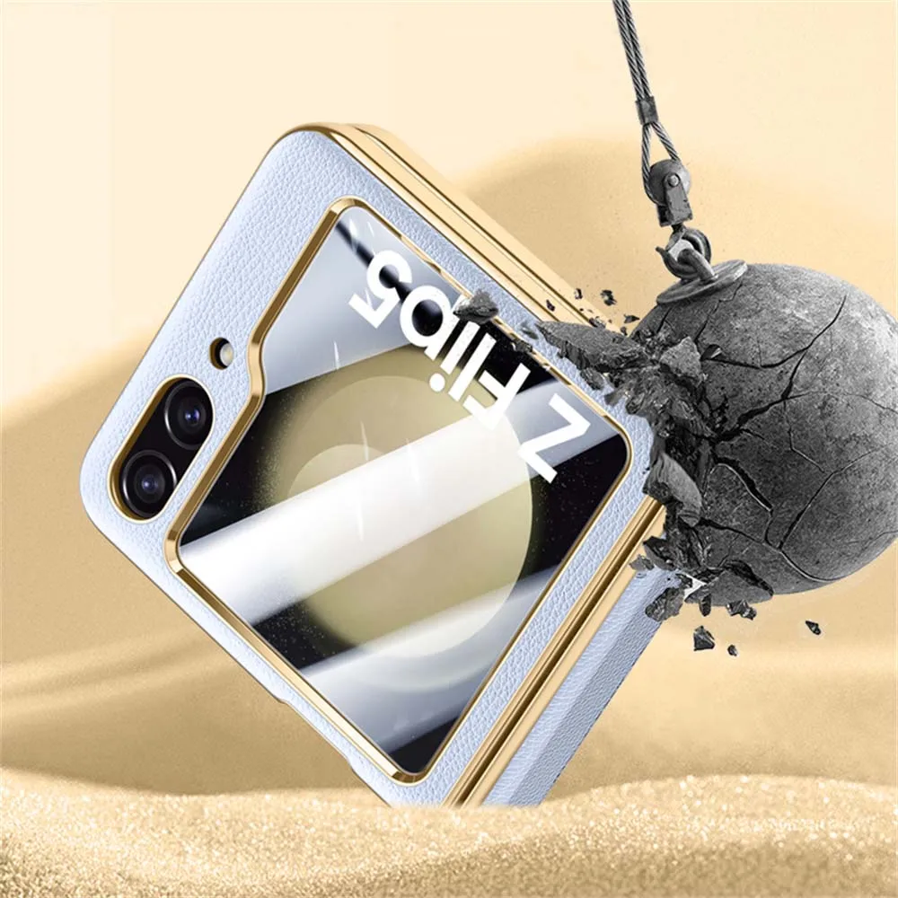 삼성 갤럭시 Z플립 5 6 고급 도금 순수 가죽 힌지 폰 케이스 삼성 Z 플립5 플립 6 렌즈 보호 백 커버