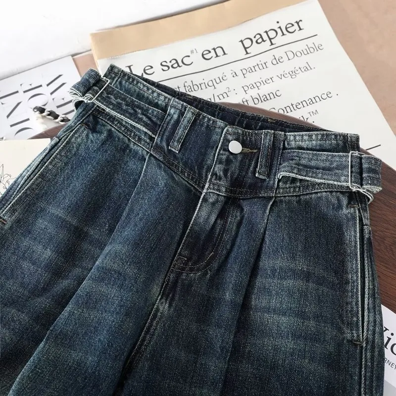 Spring Summer Ladies American Vintage High Waist Wide Leg Jeans Adjustable Waist Loose Flowy Floor Sweeping Denim Long Pants