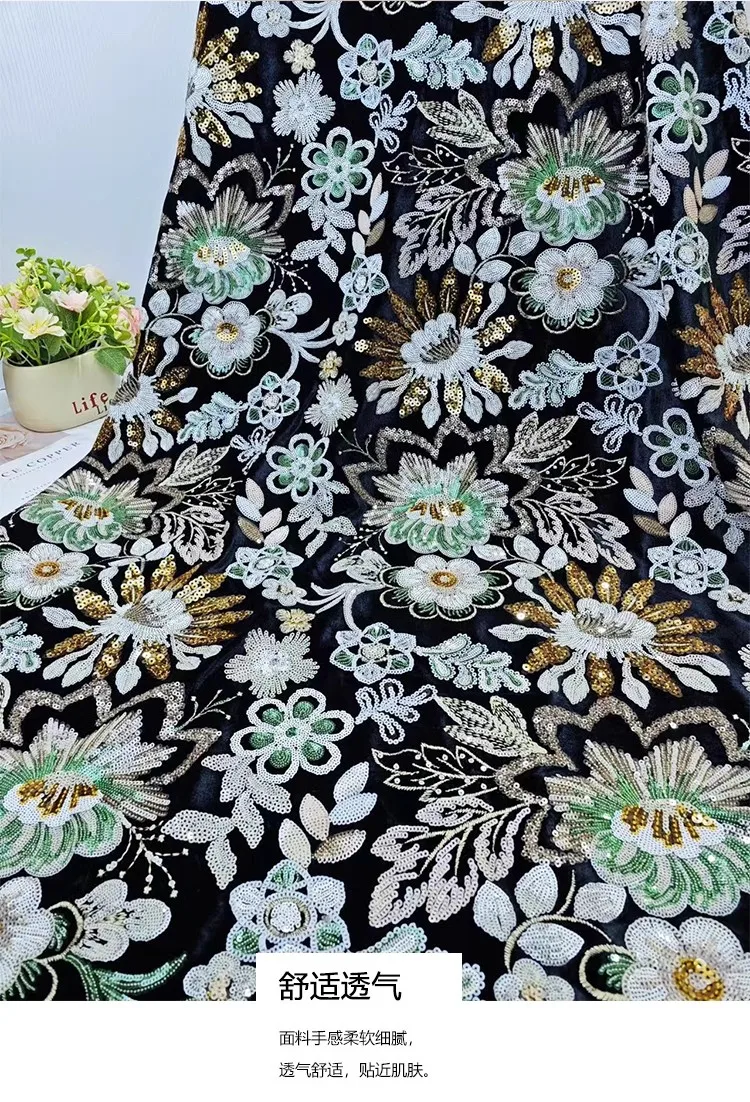 

1yard new gauze fabric for patchwork Exquisite large flower nail bead sequin embroidery tissu Dress and wedding cheongsam fabric