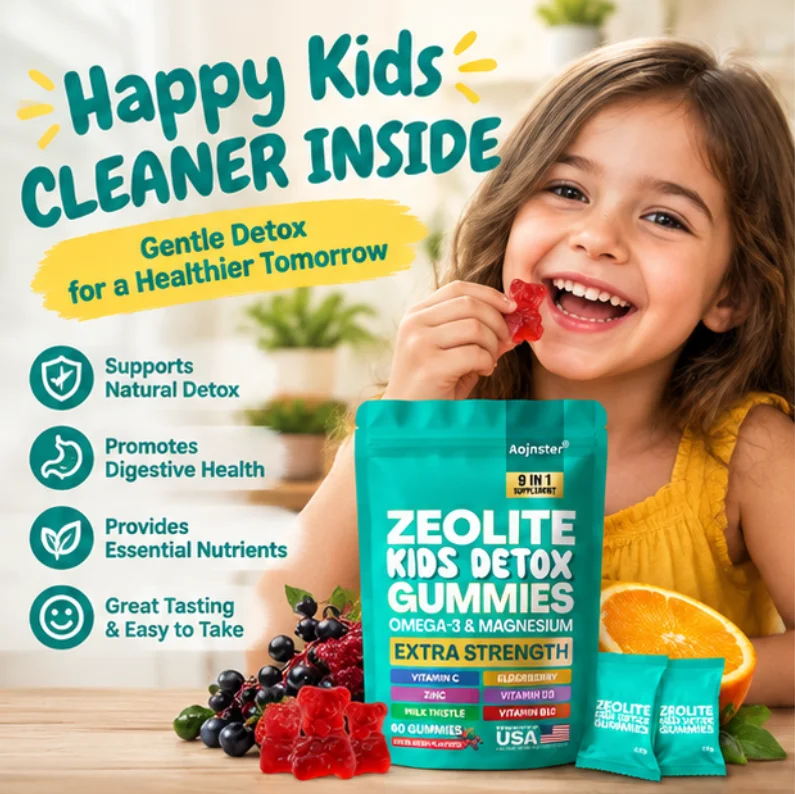Aojnster Zeolite Kids Detox Gummies, Omega-3 & Magnesium, 9-in-1, Elderberry, Vitamin C, D3, B12, 60 Gummies