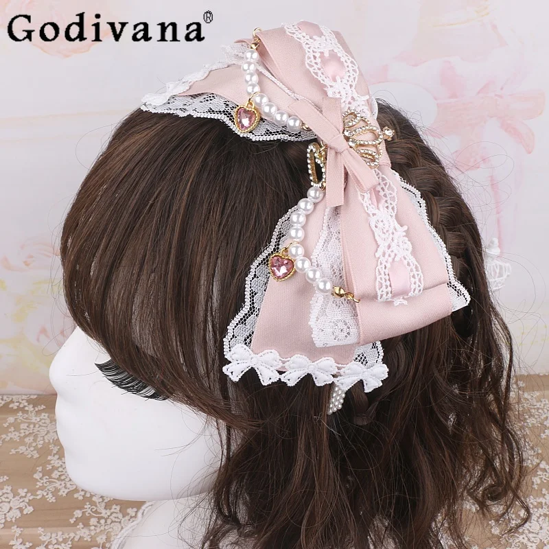 

Japanese Style Mine Mass Production Lolita Headband Soft Girls Kawaii Lo Big Bow Lace, Rhinestone Headband Y2k Hair Accessories