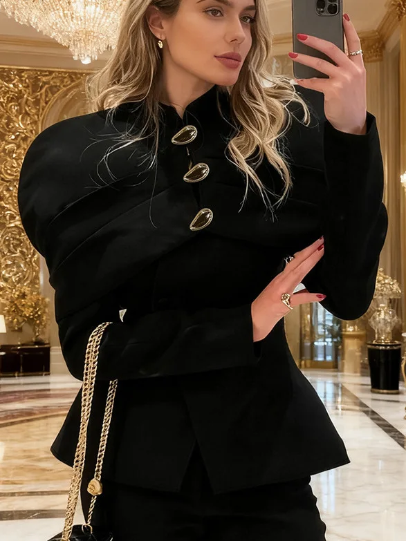 Slim Fit Shoulder Coat V-Neck Metal Buckle Waist Cinched Commute Lady's Atmosphere Top Polyester Long Sleeve Spring Outerwear