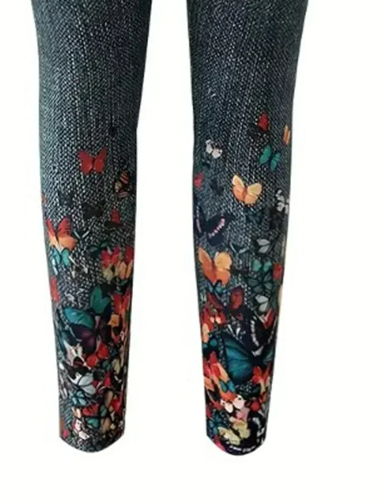 Women Casual Leggings 1XL-5XL Plus Size  Women\'s  Butterfly Print Elastic High Rise Slight Stretch Leggings