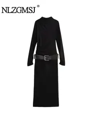 TRAF Autumn Winter Belt Dress Woman Minimally Slim Fit MIDI Long Sleeved Dresses Women Dress Casual Dresses