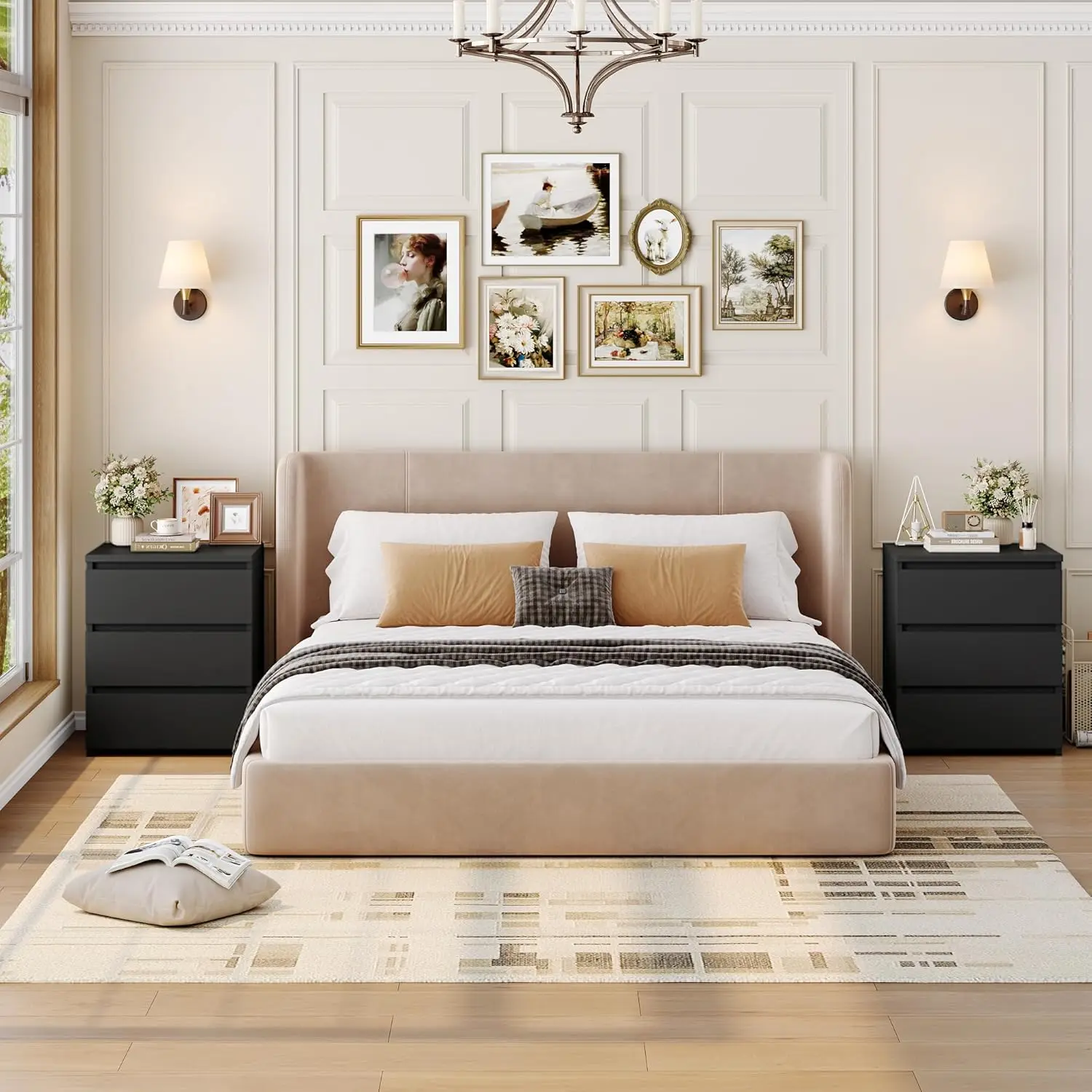 FOTOSOK Mesa de cabeceira preta com 3 gavetas, mesa de cabeceira preta para quarto com alça cortada, mesa lateral do sofá