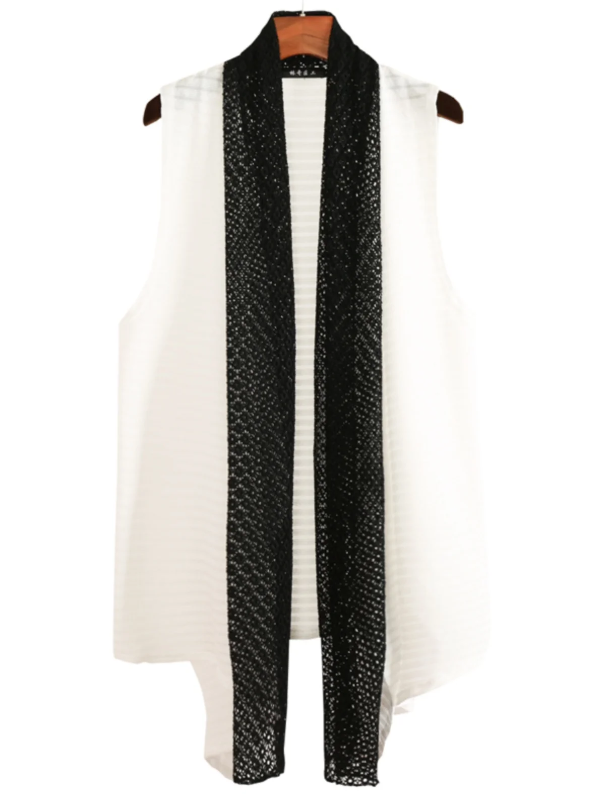 Trendy Men's Mid-Length Vest Striped Thin Hollow out Color Block Outerwear Korean Style Sleeveless Open Cardigan Jacket
