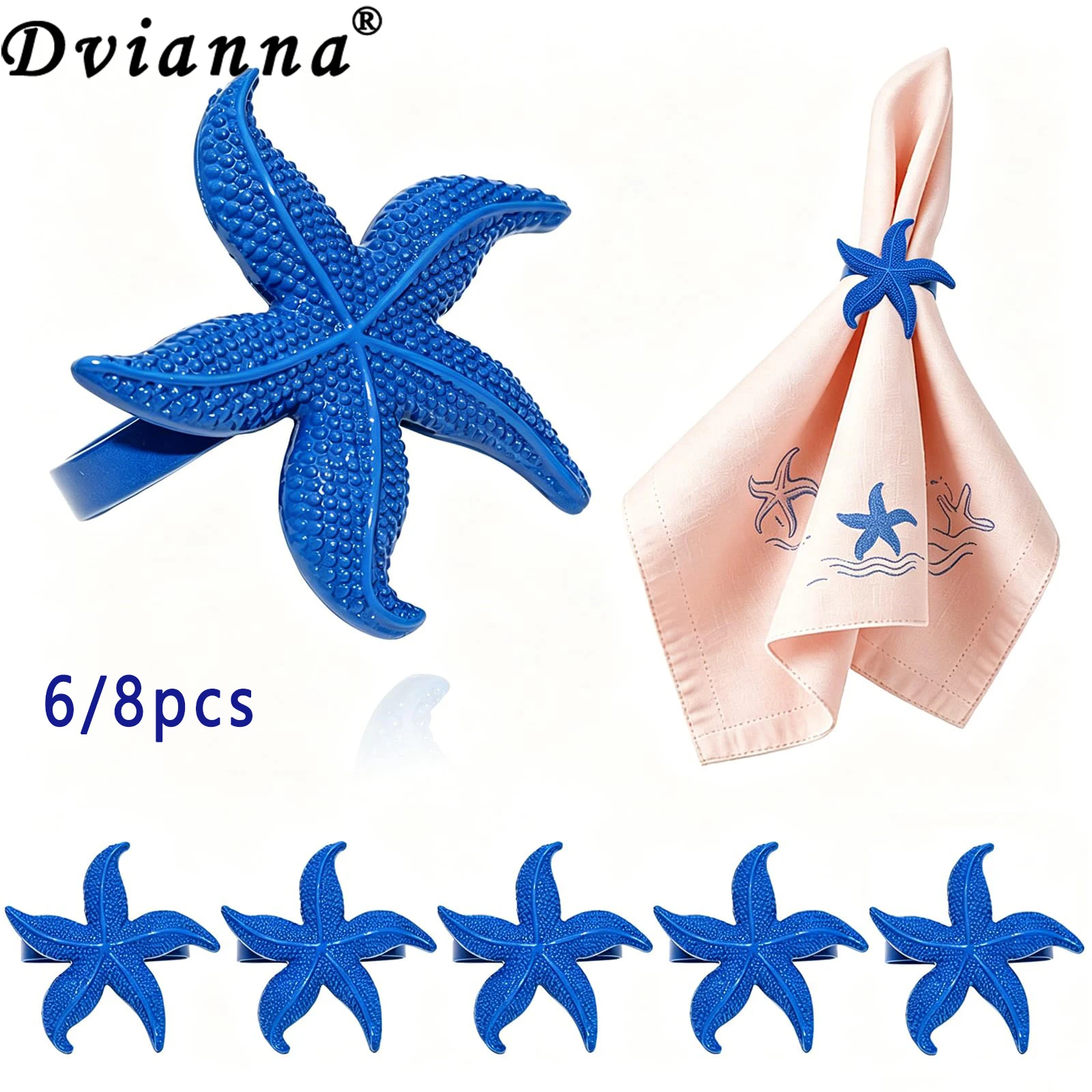 6Pcs Summer Beach Starfish Napkin Rings Alloy Blue Nautical Napkin Buckles for Coastal Vacation Dining Table Decor