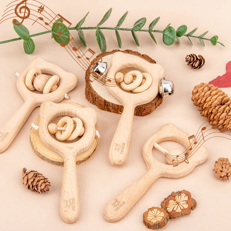 Baby Music Rattle Toys Natural Beech Wood Chew Play Gym Hand Grab Ability Training Montessori Educational Teether Newborn Gift