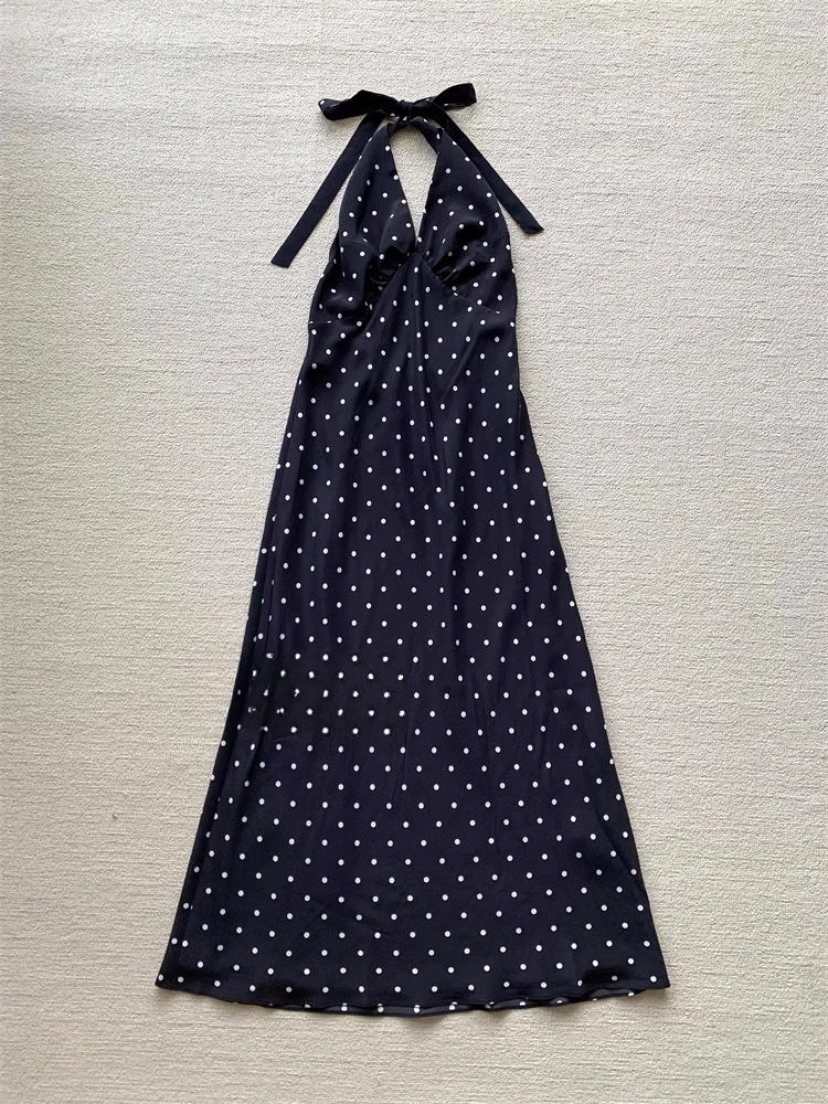 Robe à col en V profond pour femmes, jupe rétro, imprimé à pois, robe sexy, mince, dos nu, robes InjMaxi Mulberry, été, 100%, 100%