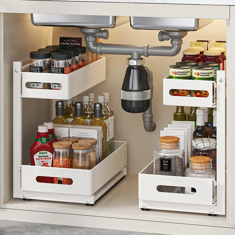 Multilayer Under Sink Pull Out Storage Rack Kitchen Cabinet Drawer Basket Extendable Sliding Storage Shelf Durable Pot Organizer
