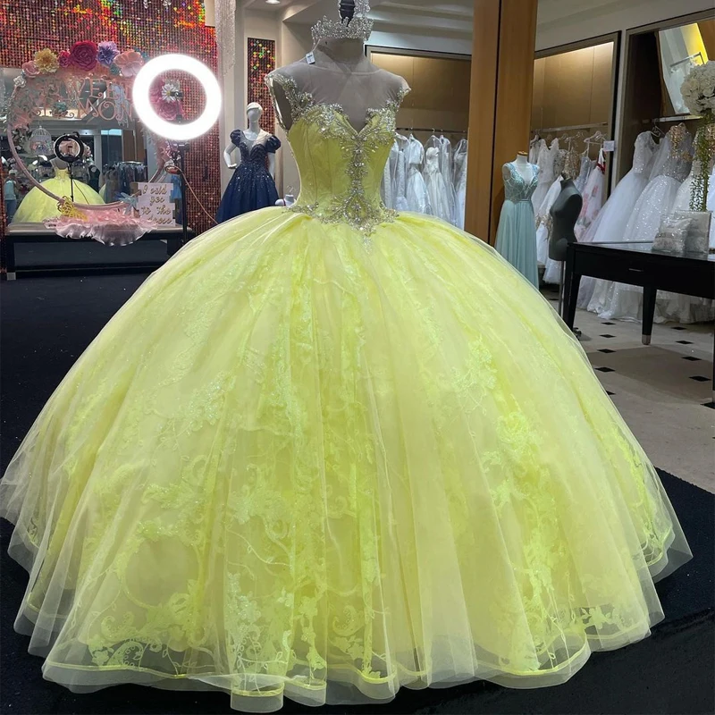 

Angelsbridep Yellow Cap Sleeve Beads Crystal Ball Gown Quinceanera Dress Vestidos De 15 Años See Through Neck Formal Dresses