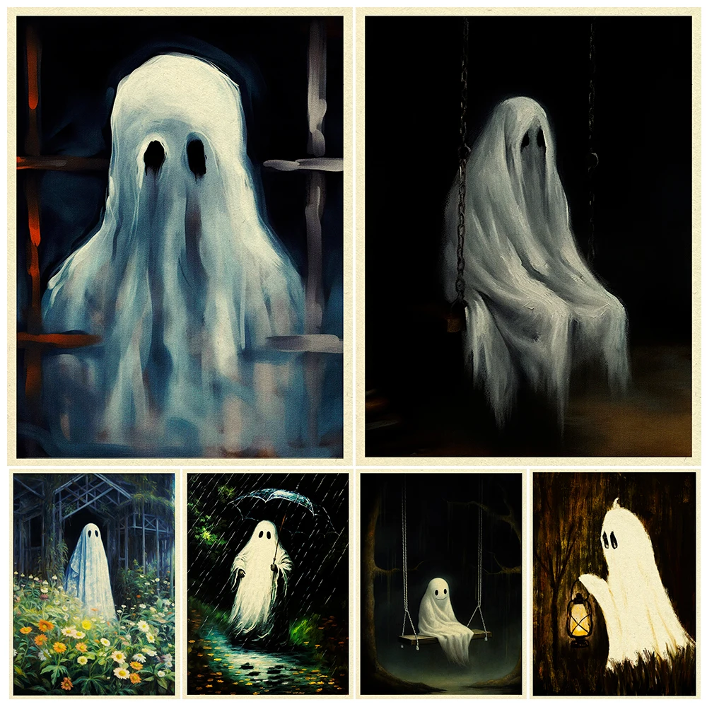 Ghost On The Swing And Tv Ghost Vintage Wall Art Canvas Painting Lonely Ghost Gothic Dark Aesthetics Art Poster Print Home Decor
