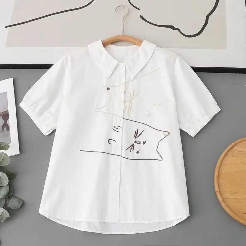 New Spring Cotton Fashion Shirt Women Cartoon Cat Embroidery Tops Girl Lapel Loose Sweet Casual Blouses 2024 Summer T44711QM