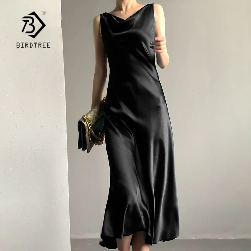 BirdTree OEKO-TEX 100%  Silk Dress,Women Satin Swinging Collar Sleeveless Dresses,2025 Summer Elegant Dresses D5O110JF