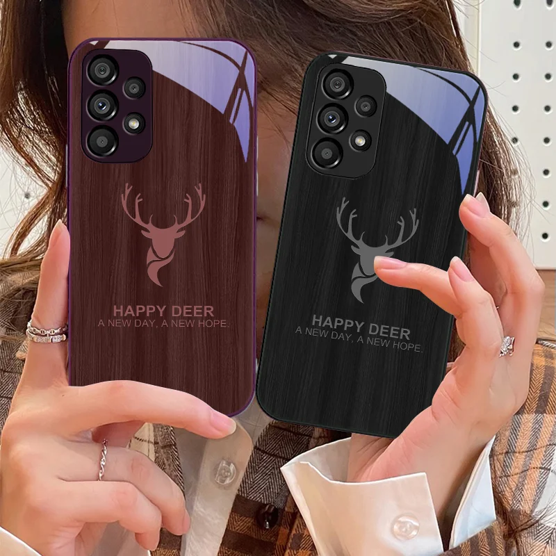 Wood Grain Deer Antlers For Samsung Galaxy S10 4G S20 11E 30 S21 21Fe 22 S24 Pro S23 Ultra 5G S8 S9 Tempered Glass Phone Case