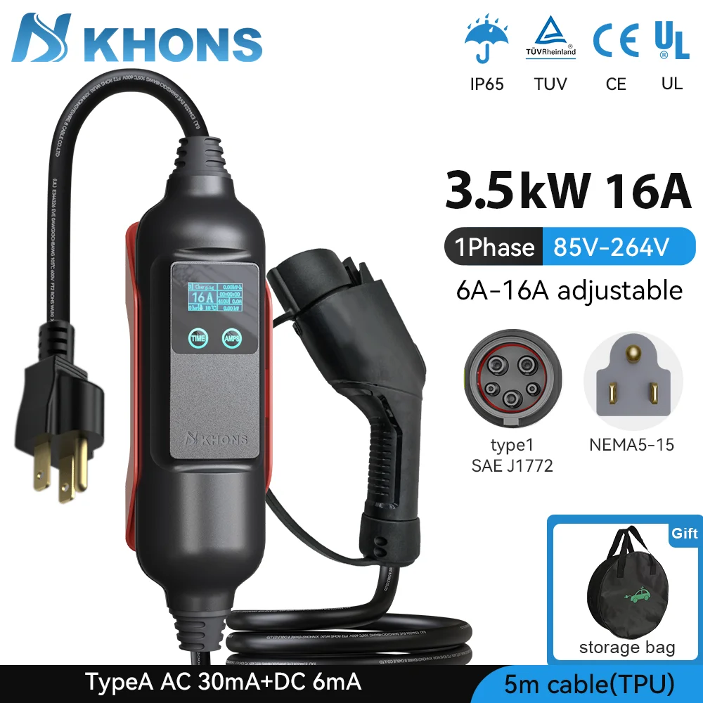 Cargador portátil Khons EV Type1 3.5KW 16A J1772 cargador EV con enchufe Schuko adecuado para vehículos eléctricos Cable TPU de 5m