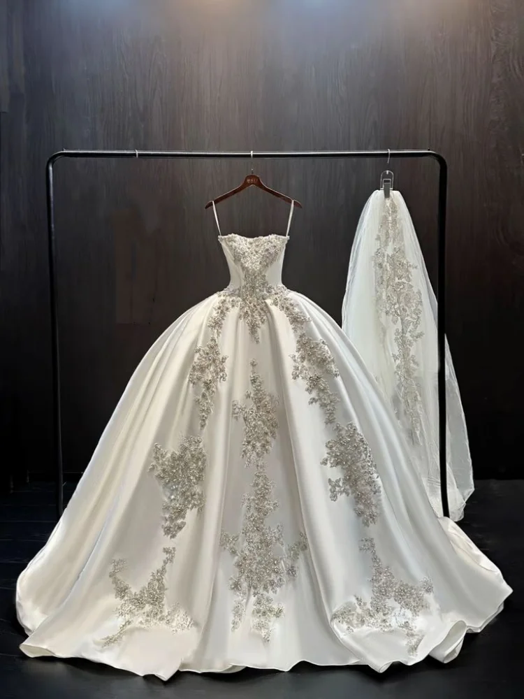Luxury Satin Spaghetti Strap Ball Gown Wedding Dress 2026 Elegant Beaded Bridal Gown Plus Size Vestido De Novia Custom