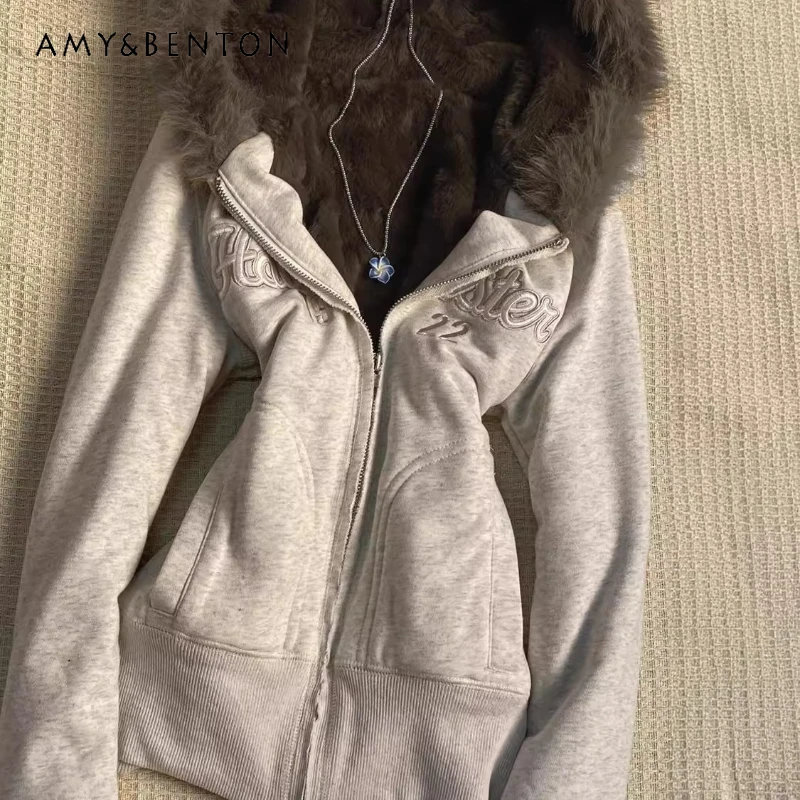 

Autumn Winter Light Gray Fleece-Lined Embroidered Letter Women's Cardigan Original Design Waist Hooded Sweatshirt Coat Ladies