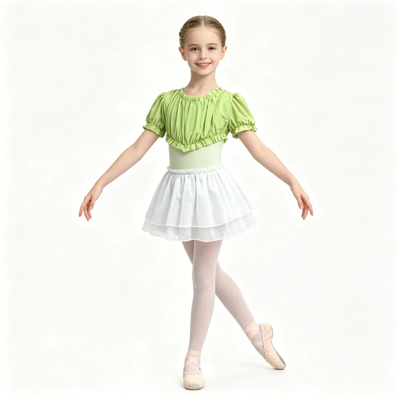 

Puff Sleeve Ballet Leotard, Ruffle Mesh Top with Optional Tutu Skirt,Cute Ballet Dance Outfit with Full Lining for Recital Class