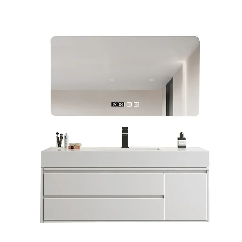 Modern Simple White Slate Integrated Basin Bathroom Cabinet with Smart Mirror Oak Wood Vanity Wash Table Combo