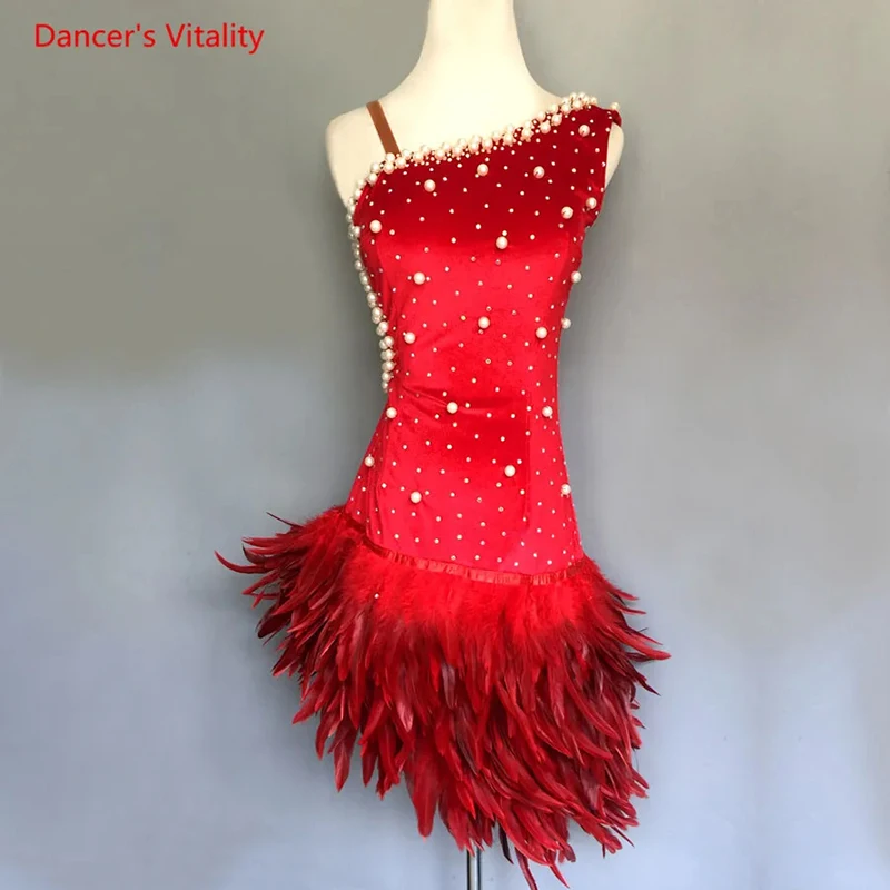 Luxury Pearls Feather Dress Women/Girls Latin Dance Performance Clothing Adult Kids Ballroom Dance Competition Costume