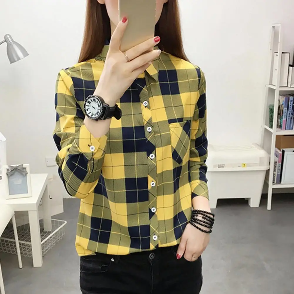 Modern  Lady Blouse Lapel Collar Plaid Print Women Shirt Soft Comfortable Women Shirt Female Clothing