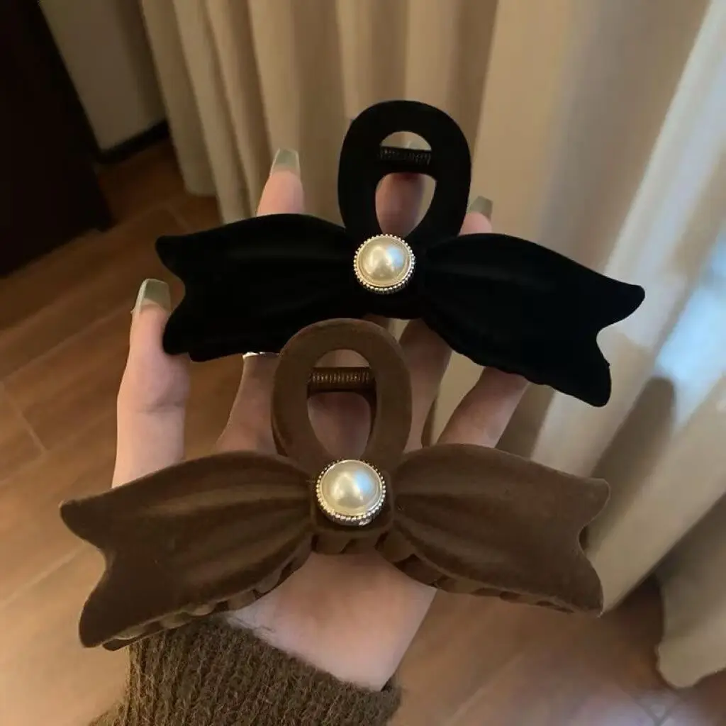 

Velvet Bow Hair Claw with Pearl Decor Vintage Elegant Hair Clip for Women Large Non-slip Hair Claw for Thick Hair 3 Colors Avail