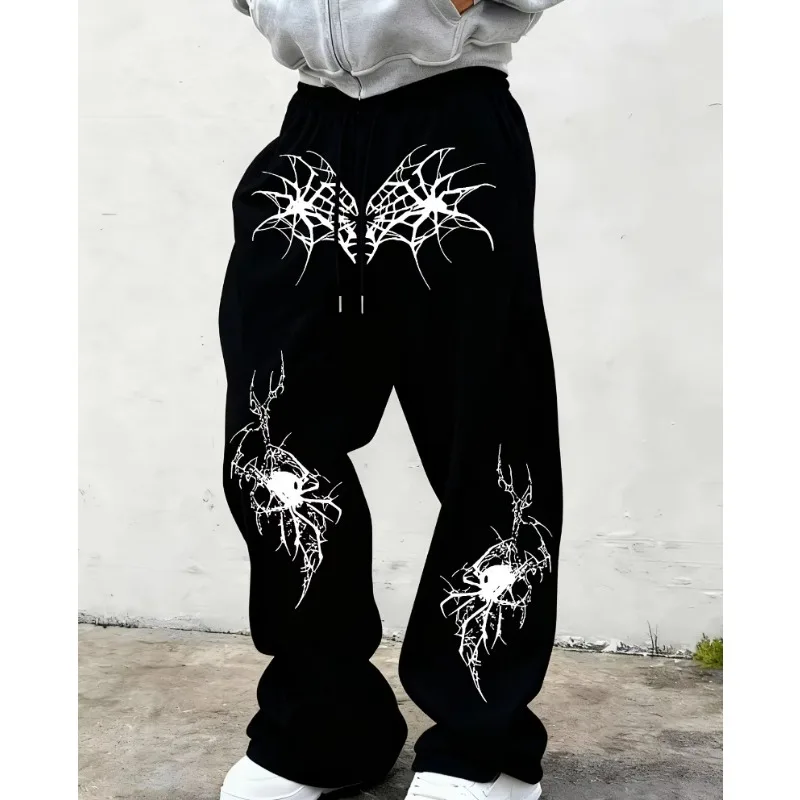 

Gothic street pants sports pants men's black wide leg jogging pants withspider web prints and skull spider patterns on the knees