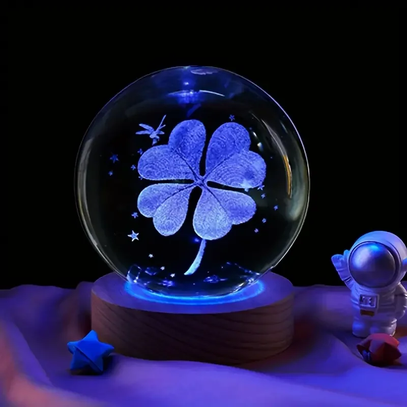 1pc 3D four-leaf clover crystal ball with colored light base, family bedroom decoration gift, birthday,  Mother\'s Day gift