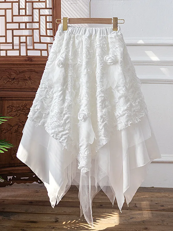 Retro Heavy Work Multi-Layer Asymmetrical Tulle Hole Puffy Skirt Super Fairy Skirt Flower Decoration Half Skirt Women's Clothing