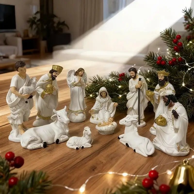 Resin Nativity Scene Figurine Set Holy Family Jesus Birth Manger Statue Christmas Religious Tabletop Ornament Home Church Decor