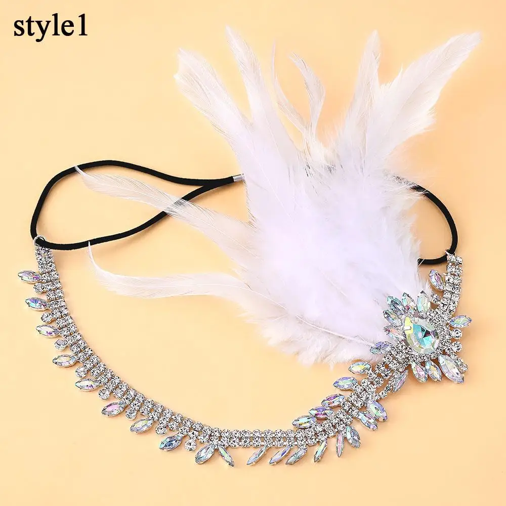 شرابة هيرباند الأبيض ريشة الفرقة الترتر كريستال Headbands حزب الزفاف خوذة DIY إكسسوارات الشعر حجر الراين رئيس سلسلة #4