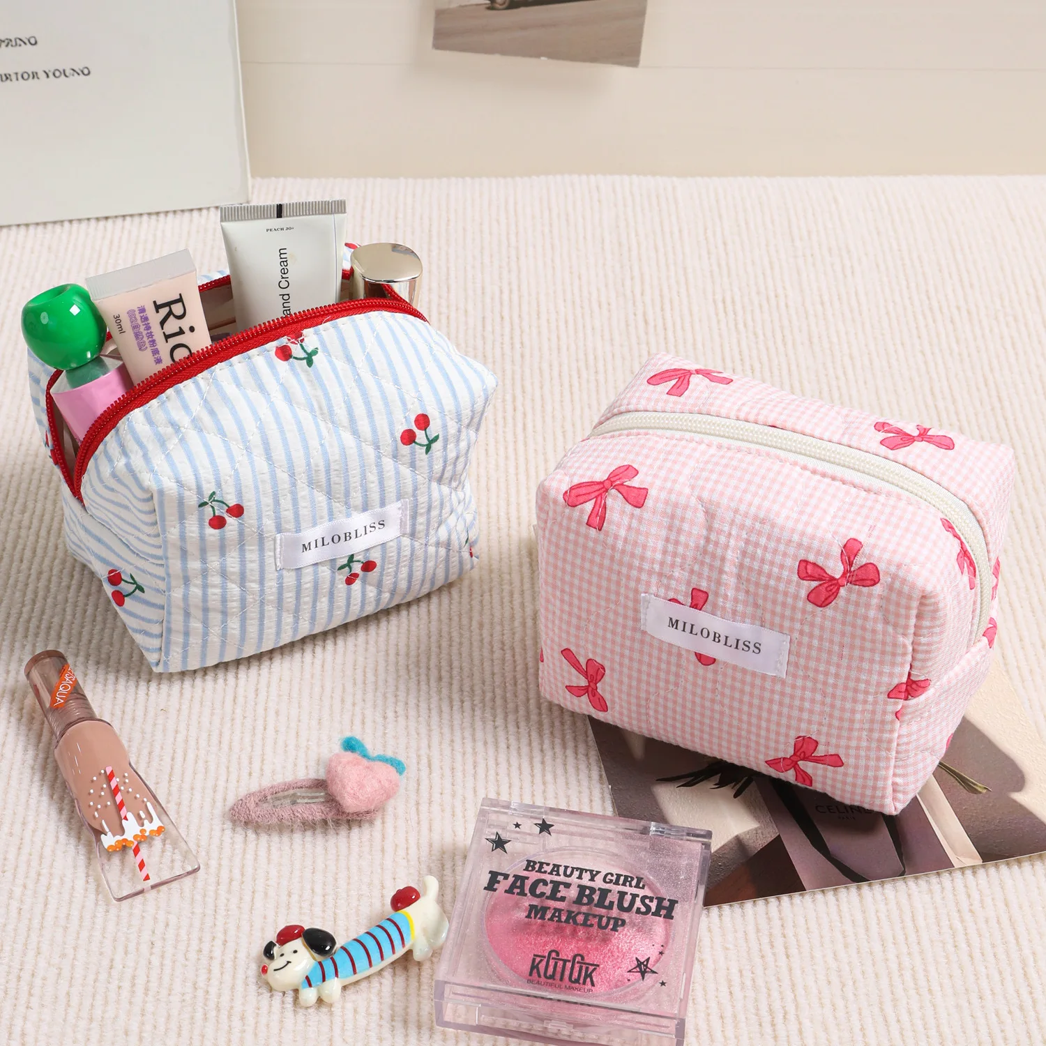 Cute Mini Cherry Bow Makeup Pouch Quilted Lipstick Case Portable Travel Organizer for Cables Headphones Chargers