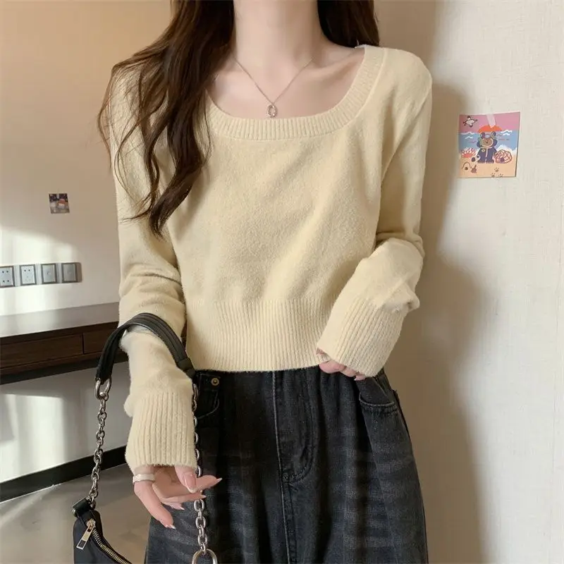 Short Pullovers Women Square Collar Long Sleeve New Arrival Autumn Winter Design High Street All-match Elegant Solid Slim Simple