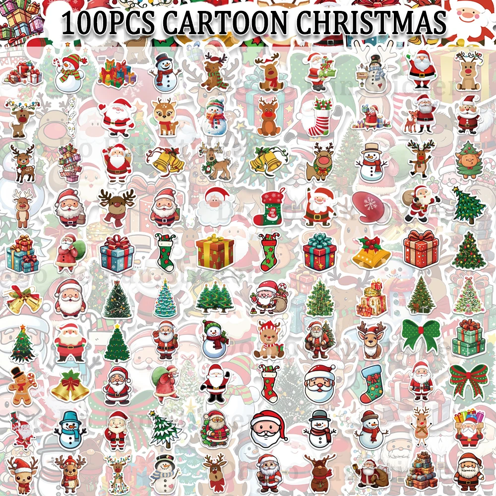 100PCS Cartoon Christmas Stickers Collection Waterproof Creative Santa Claus Elk Gift Christmas Tree Gingerbread Man Bell Socks