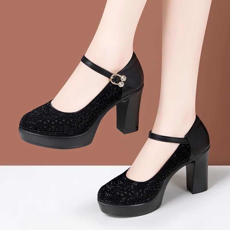Elegant Mesh Crystal Genuine Leather Platform Pumps 6cm 9cm 11cm High Heels for Wedding Party Spring 2025 Block Heel Shoe Model