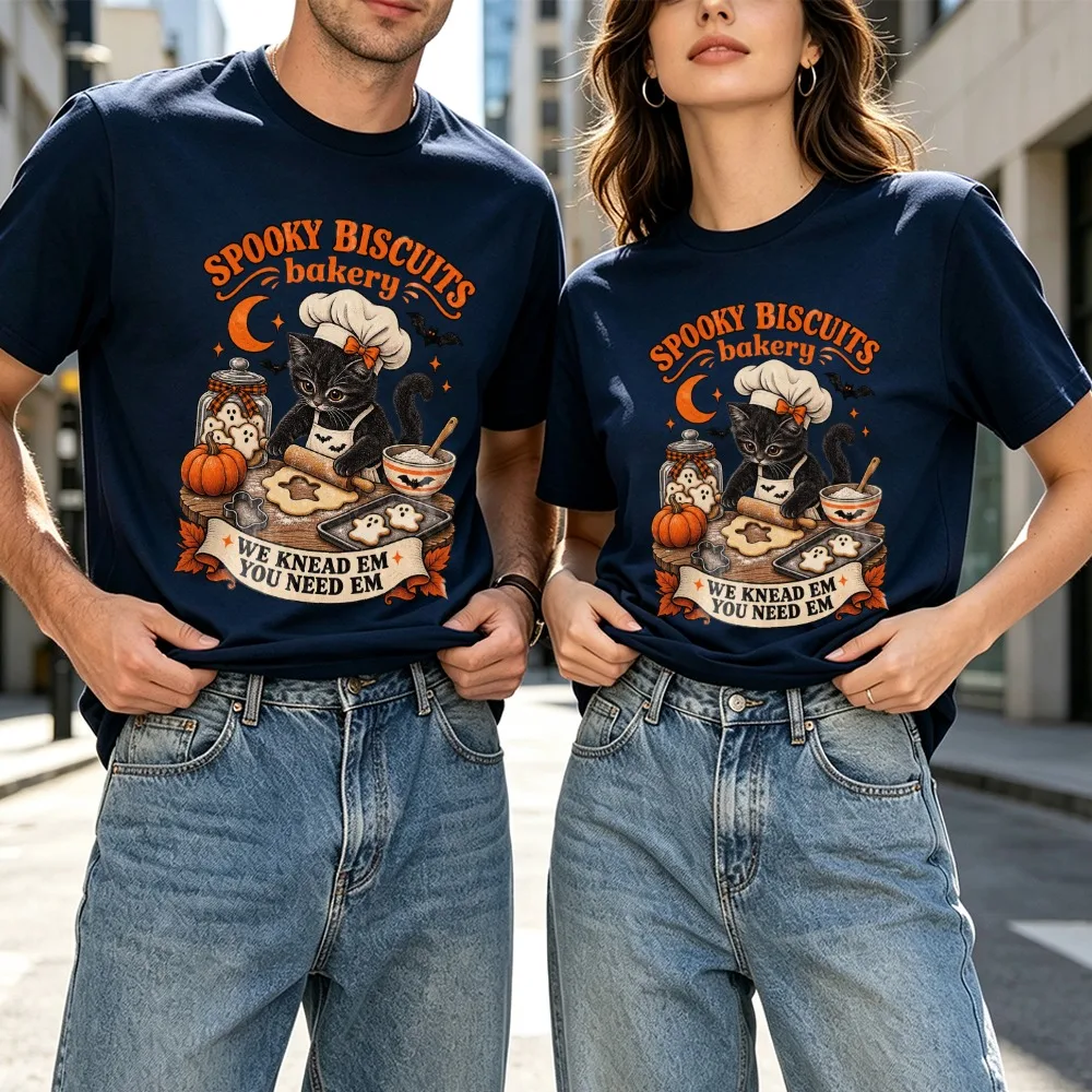 Spooky Season Black Cat Tee Men Women Couple Biscuits Bakery Short Sleeve Cotton TShirt Pumpkin Vintage Baking Gift Men Clothing