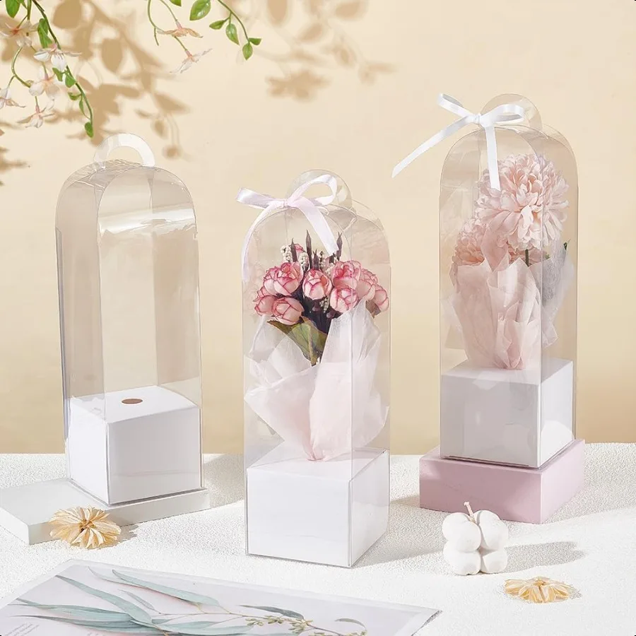 12Pcs Single Rose Flower Box Empty Bag Clear Flower Packing Boxes Flower Gift Boxes for Graduation Wedding Birthday Floral Gift