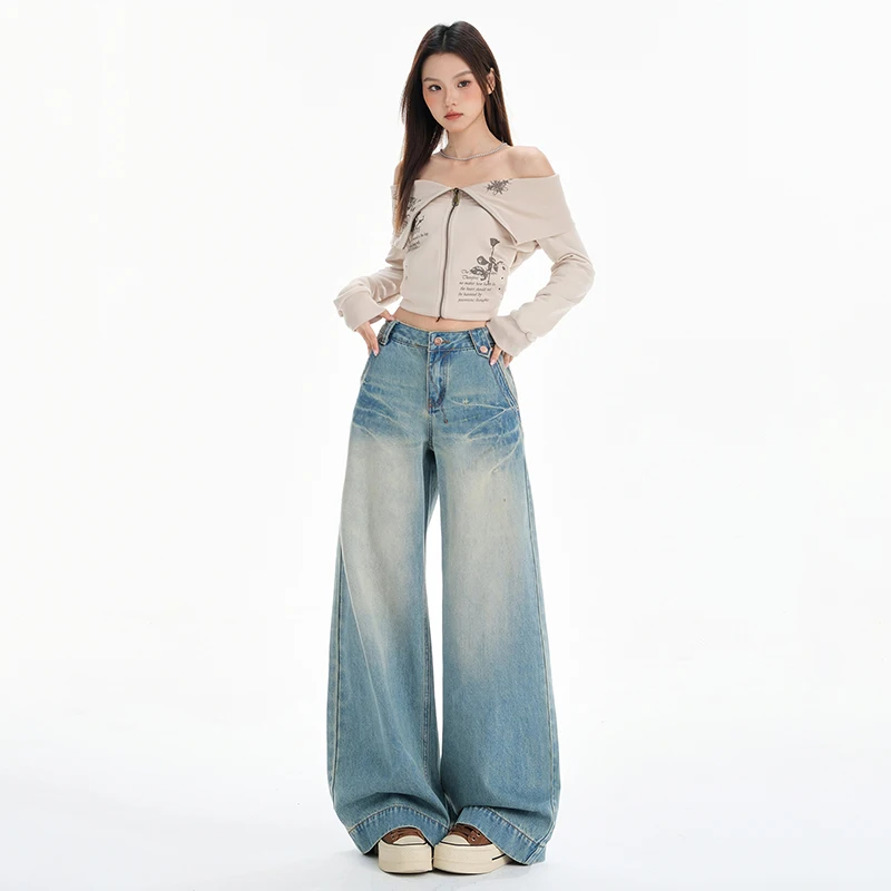 Calças de brim retas femininas confortáveis lazer cintura alta perna larga calças jeans soltas rua hip hop estilo moda