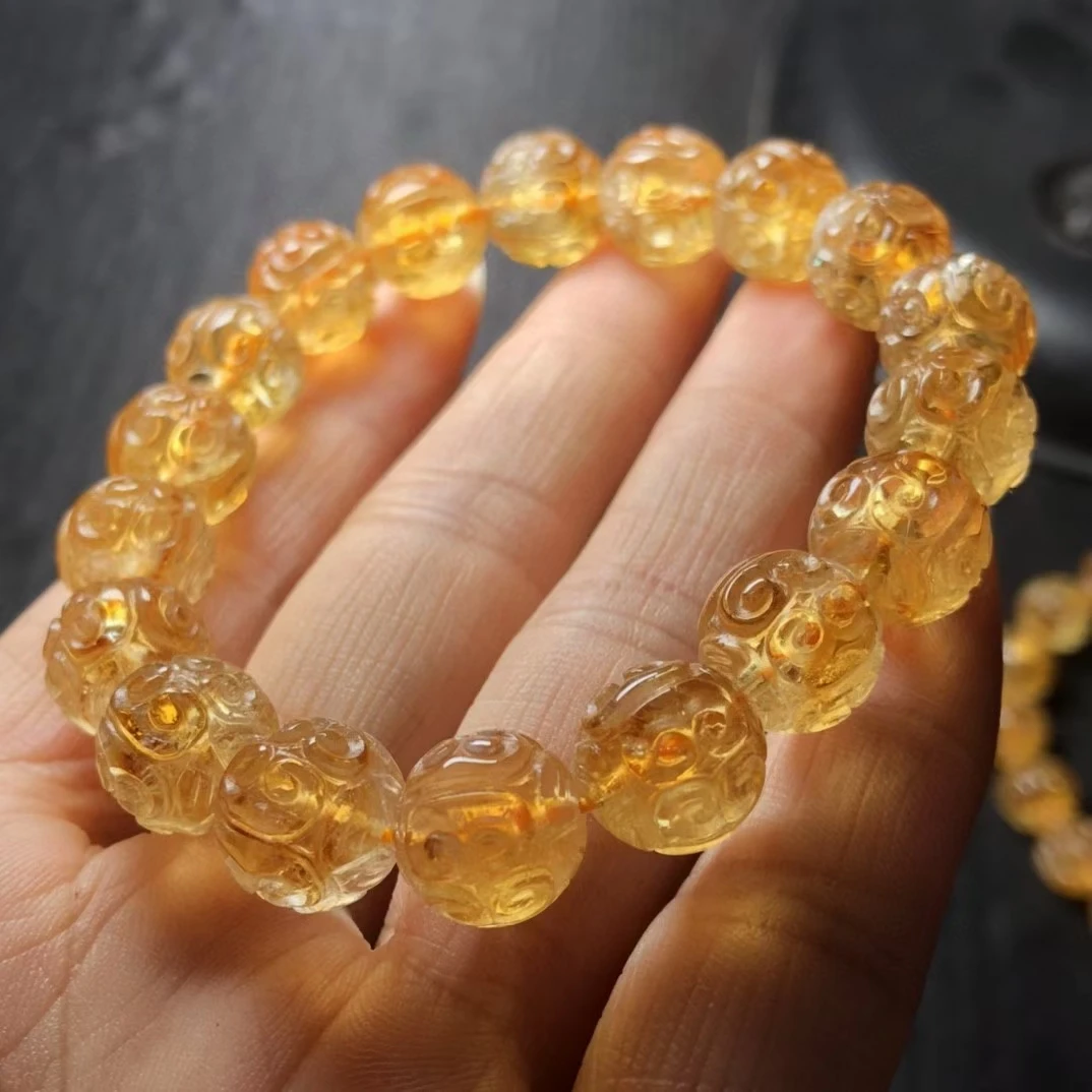 

Natural Yellow Citrine Quartz Crystal Carved Beads Bracelet Gemstone Citrine 11mm Rare Stone Wealthy Women Men AAAAAA