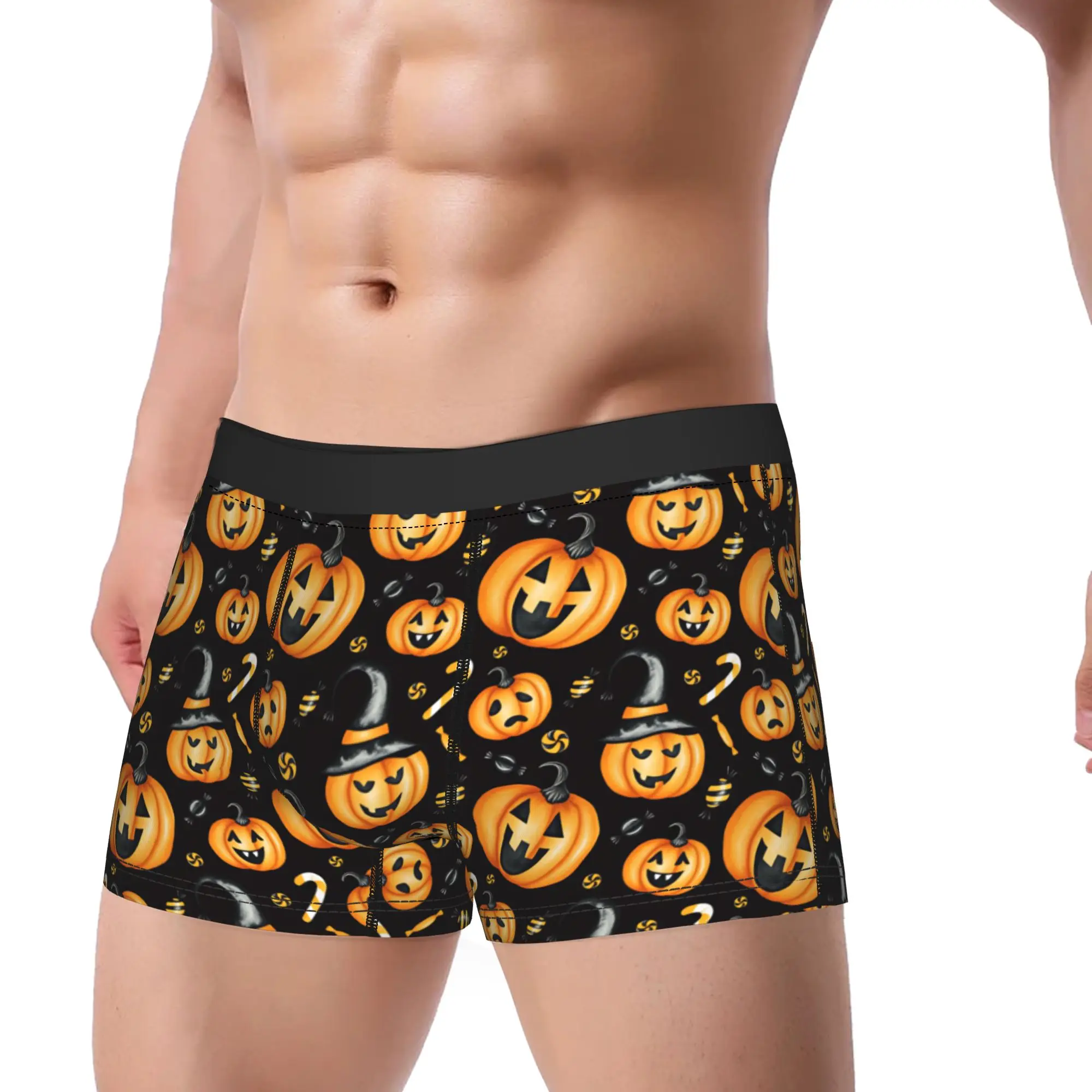 Halloween Watercolor Pumpkin Witch Hat Candy Underwear  Novelty Underpants Custom DIY Shorts Briefs For Male Pouch Boxer Shorts